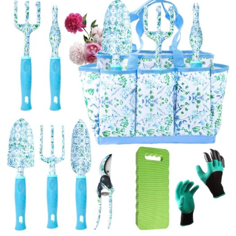 9 pcs - Heavy Duty - Aluminum Alloy - Hand Gardening Tool Set  (Blue Floral)